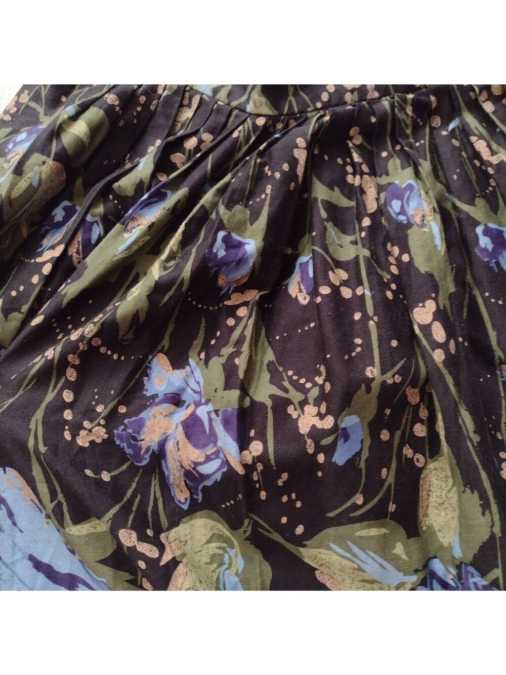 Ann Taylor Loft Floral Full Skirt S6 Black Blue Green Metallic Cotton w Pockets - Picture 7 of 9